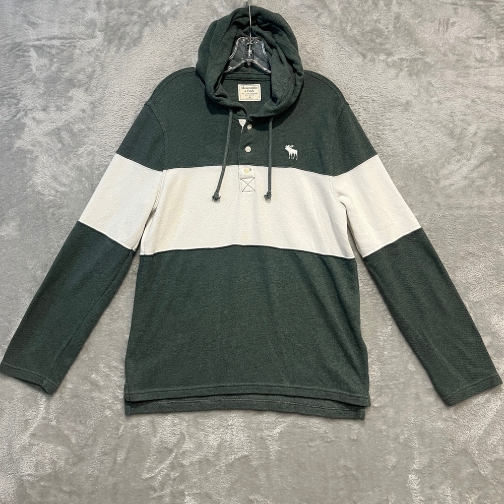 Abercrombie & Fitch Hooded Henley Shirt Mens Medium Green White Colorblock Logo